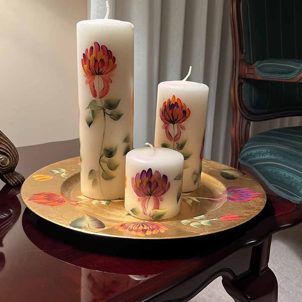 Hand Painted Pillar Candles and Display tray.